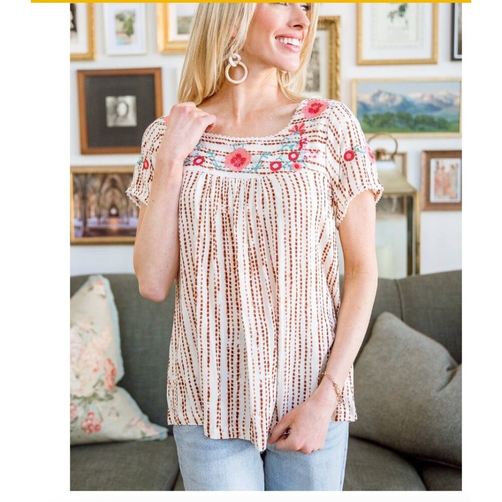 Savanna Jane Shirt Womens Small White Striped Embroidered Floral Boho Top